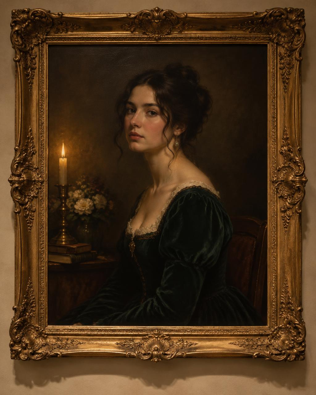 A Victorian-style oil portrait in an ornate gilt frame on a warm plaster wall
