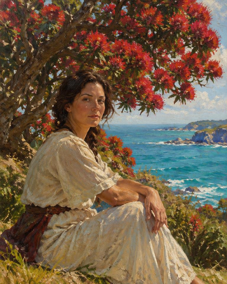 Pōhutukawa Coast Oil Painting example artwork